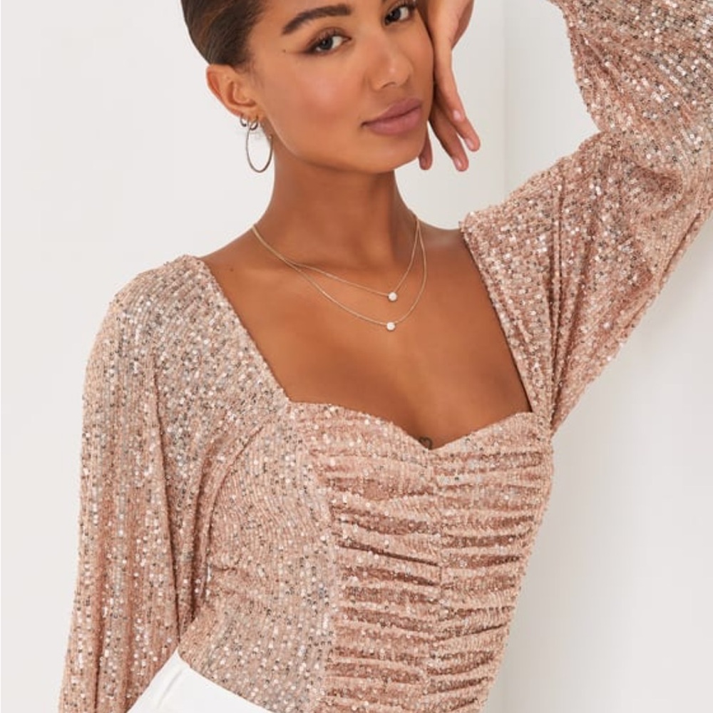 Lulus Sparkly Sweetie Rose Gold Sequin Long Sleeve Bodysuit Pink - Size S